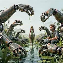 a parasite eve and david burliuk 3 d render of enormous robotic hands reaching out of swampy pond, 1 9 9 8 render