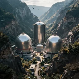sci fi nuclear containment buildings in a steep sided valley with trees and small office buildings, a sense of hope and optimism, birds overhead, stark light, day time, unsplash, national geographic, hd, high res
