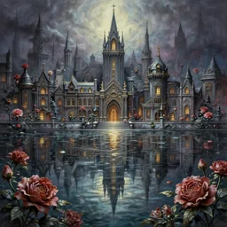 metropolis of water and flowers. airbrush and metallic paints by award - winning visual novelist, gothic horror, impressionism, intricate details, depth of field, backlighting
