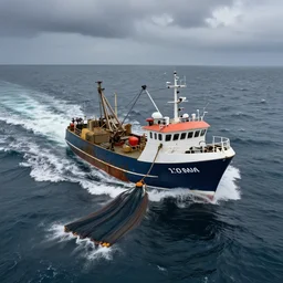 uk fishing trawler, fishing boat, hyper realistic, very accurate, stormy seas, aerial view, towing trawl nets