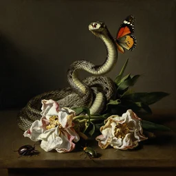 snake hunting butterfly still life, withered flowers, beetles crawling, otto marseus van schrieck still life, dutch golden age painting, dramatic lighting, cinematic lighting, willem van aelst still life, elias van den broeck painting still life, rachel ruysch flowers, oil on canvas, detailed, vanitas baroque painting