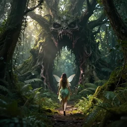 a doomed fairy walking towards a ravenous, horrific portal to hades embedded in a creepy tree in a densely overgrown, magical jungle, fantasy, dreamlike sunraise, stopped in time, dreamlike light incidence, ultra realistic