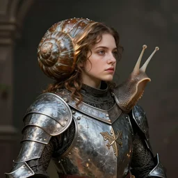 Snail-themed medieval armor portrait