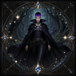 many light effects, particle, lights, gems, symmetrical centered portrait dark witch, adventurer outfit large cloak, fantasy forest landscape, dragon scales, fantasy magic, undercut hairstyle, short purple black fade hair, dark light night, intricate, elegant, sharp focus, illustration, highly detailed, digital painting, concept art, matte, art by wlop and artgerm and greg rutkowski and alphonse mucha, masterpiece