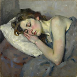 Oil painting Portrait of a sad Woman sleeping, by Lucian Freud, Abstract brush strokes, Masterpiece