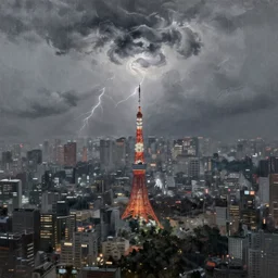 a digital painting of a expansive view of the rainy night in tokyo, gray clouds and thunder in the sky, gray color scheme, ultrawide shot, art greg rutkowski, 4 k, highly detailed, oil painting, concept art