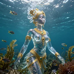 hyperrealistic precisionist cinematic underwater scene with fish and algae, very expressive! translucent elegant african goddess, full body, gold jewerly, highly detailed face, digital art masterpiece, eric zener aykut aydogdu, volumetric light, long shot, low angle uhd 8 k, sharp focus