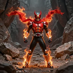 Demonic Kamen Rider!!!!!!!!!!!! with a red scarf made of fire billowing behind him standing in a rock quarry, full body single character, League of Legends Character Splash Art!!!!rubber suit, Arcane style, action scene, fight scene, good value control, high quality, 4k, ultra realistic, highly detailed, illustration, promotional image, matte painting, rule of thirds, centered, cinematography