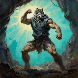 muscular wolf  barbarian hunter  full body fighting pose wearing sport hoodie , sun rays , big shadows, small bird sihouettes  in cyan background , very textured detailed  oil painting by rembrandt , hard backlight , in dark cave
