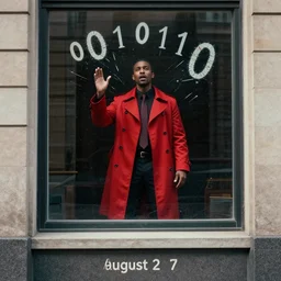 man in red coat standing outside window speaking prophetic messages. breaking out of the matrix. 0 0 1 0 1 1 0. august 2 7 th, 2 0 2 2 by beeple, spiritual art, visionary art