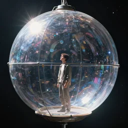 a young man alone in one enormous transparent spherical capsule in the middle of outer space, digital art