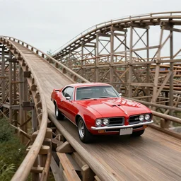 a 1 9 6 6 pontiac gto driving down a wooden rollercoaster, suspenseful photograph, fujifilm quicksnap 4 0 0 photography