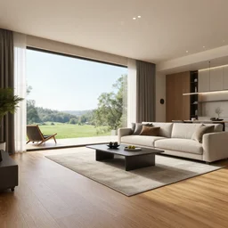 a beautiful modern living room with wood floors, large windows with a beautiful view, realistic, hd, 8 k, digital rendering, unreal engine, blender, octane, maya