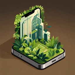 editorial illustration of an isometric iphone with lush foliage overgrowth, modern art deco, ( ( giuseppe riccobaldi ) ), christopher balaskas, ( ( mads berg ) ), detailed, composition perspective, halftone shaded, matte print, rich grainy texture, grainy gradients