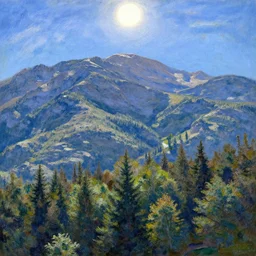 a landscape of mountains and a forest , blue and clear sky, sun is in the top, by Claude Monet,hyper detail, digital art,high quality, trending on ArtStation,marsterpiece, —ar 16:9