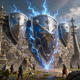 highly detailed powerful wide energyshield - wall of electricity in the middle of a medieval battlefield, intricate details, trending on artstation, cgsociety, 8 k, cinematic, unreal engine, octane render, illustration digital painting, sharp focus, art by wlop and greg rutkowski, rule of thirds, golden ratio, ambient lighting