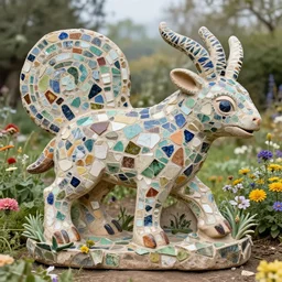 mosaic sculpture of a alebrije chimera!!!, irregularly shaped mosaic tiles, pottery shards, in the style of folk art, in a cottagecore flower garden