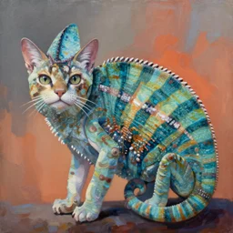 painting of hybrid between cat & chameleon, intercrossed animal, mixture animal, by zdzislaw beksinski, by thierry bisch, cold hue's, warm tone gradient background, concept art, animal painting, beautiful composition