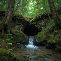 small water stream flowing out of a cave entrance in the middle of a forest, long shot, fantasy, art by greg rutkowski