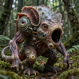 a high resolution photo of a complex slimey creature nature forest, grown together various animal eyes, computer veins wrinkles, cracked plastic wrap, gills morph scales merged in fur skin, wrinkled muscles skin, veins merged feet head, displacement, black hole, distorted animal head face eyes arms tail