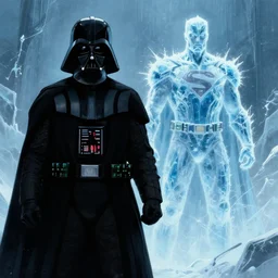 darth vader's back in silhouette is in the foreground on the left, in the background on the right is is a superhero man who is made of ice, dangerous icy environment, cinematic, graphic novel, matte fantasy painting, extremely high detail, photo realistic, 4k, post processed, Artstation