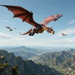 a vast landscape of mountains and sky with a group of hyper detailed dragons flying through the sky photorealistic