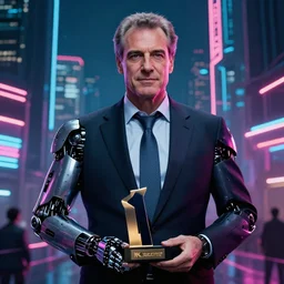 cyborg Nicolas Sarkozy in a cyberpunk city, neon lights, award wining photograph, 8K UHD