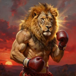 muscular lion as a boxer champion with boxing gloves  , full human hairy body , strong sun backlight sunrays  body , extreme very textured detailed vertical portrait oil painting by rembrandt, sunset in far background , dramatic clouds and red atmosphere