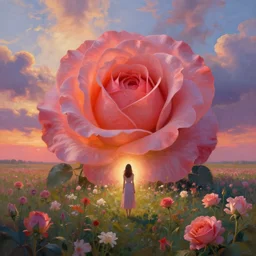 giant rose flower head, full body girl standing in a flower field, surreal photography, sunrise, dramatic light, impressionist painting, colorful clouds, digital painting, artstation, simon stalenhag