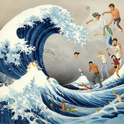 catch a wave by elson, gric, mcquarrie, lacoste, rhads, mccall, rodney matthews, gonsalves, walotsky, shiki, ishinomori, aivazovsky, stalenhag, frank stella, stephanie law, syd mead. artstation, award, masterpiece, intricate, subsurface scat