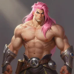 painted portrait of posing rugged beautiful thick muscular bodybuilder zarya from overwatch with pink hair showing abs, fantasy, intricate, elegant, extremely detailed digital painting trending artstation concept art heroic portrait sharp focus, illustration, art by artgerm, greg rutkowski magali villeneuve gaston bussiere