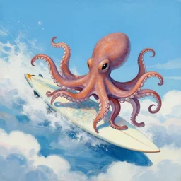painting of a surfing octopus on a surfboard surfing through the clouds