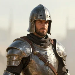portrait of a beat - up guard wearing a kettle helm, short stubble, medieval, fantasy, medium shot, fantasy art, concept art, character design, digital art, illustration, sharp focus, by wlop