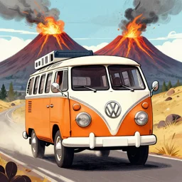 a caricature drawing of a vw volkswagen bus, camper, bulli, type - 2, microbus, kombi, flying towards the camera, viewer, a vulcano is erupting in the background