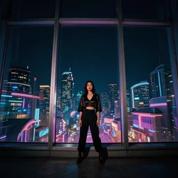 vertical phot, girl in 7 0's retro club, editorial, fashion, neon - decorated urban on night in the city seen through the window, modern architecture design, vintage, night, blade runner, dark, clean lines, asian futuristic city at distance, big windows, octane, wide angle