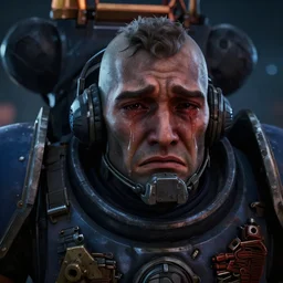 very sad crying guardsman in a space hulk from warhammer 4 0 k darktide : : octane render, unreal engine 5, cinematic lighting : : face close up, crying eyes