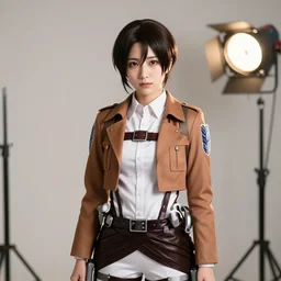 photoshoot of japanese actress kasumi arimura dressed as mikasa ackerman from attack on titan, studio lighting, soft focus