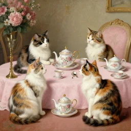 three calico cats enjoying a fancy english tea party, painted by rembrandt
