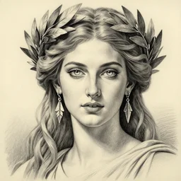 pencil drawing of a beautiful greek goddess aphrodite wearing a laurel wreath and arrowhead earrings, beautiful confident eyes, beautiful flowing hair, glowing god eyes, hyper realistic face, in the style of greg rutkowski, fantasy, amazing detail, epic, elegant, smooth, sharp focus, from the front