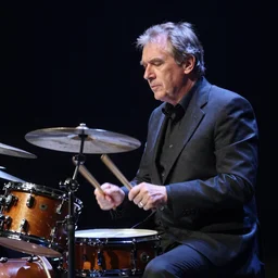 The former Prime Minister of Sweden, Göran Persson, playing a drum solo for Miles Davis on stage. Cinematic lighting, 8k.