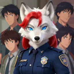 beautiful portrait of a female anthropomorphic albino wolf fursona wearing a state trooper uniform. blue eyes. red wig. character design by disney, charlie bowater, ross tran, artgerm, and makoto shinkai, detailed, soft lighting, rendered in octane