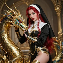 red - haired final fantasy white marble large - eyed nun caressing her shiny rainbow dragon, warframe armor, regal, attractive, ornate, sultry, sexy, beautiful, elize theron, pretty face, green eyes, scifi platform, 4 k, ultra realistic, epic lighting, illuminated, cinematic, black gold, art by alexandra petruk, voidstar