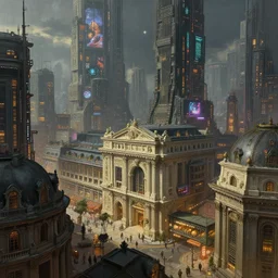 concept art of the central marketplace of a cyberpunk city, classical architecture, ancient buildings, by hubert robert and etienne - louis boullee and noriyoshi ohrai, city lights, cyberpunk style, cyberpunk ads, technological, hyperrealistic painting, intricate, fine detail, polished, futuristic
