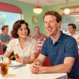 smiling mark zuckerberg and pavel durov in a 1 9 5 0 s diner, by nicoletta ceccoli, mark ryden, lostfish, max fleischer, hyper realistic, artstation, illustration, digital paint, matte paint, vivid colors, bright, cheerful, detailed and intricate environment