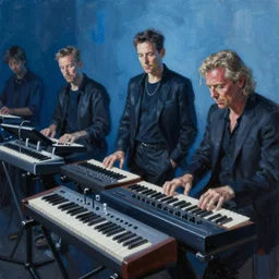 8 0's synthesizer band, depeche mode, anton corbijn, blueish atmospheric lighting. highly detailed painting by greg rutkowski.