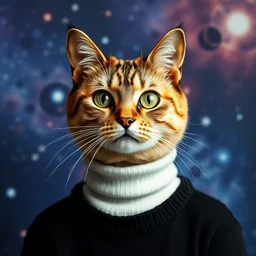 a bust portrait of a cat professor in a black turtleneck pullover in front of a galaxy wallpaper, photography