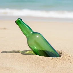 green glass bottle half buried in sand