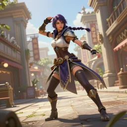 action pose reference, procedurally generated, epic mage girl character, costume design from shopping mall, ancient city streets behind her, substance designer, PBR, HD, Ultra detailed, hyperrealistic, megascans, volumetric light, concept by master artist, good looking face, natural light, crazy angle, digital art illustration by riot games