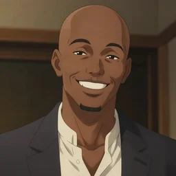 a bald black man smiling, anime footage, waifu dressing, trending on arstation, aired on tv tokyo