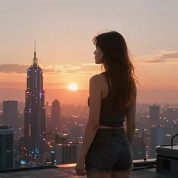 « futuristic city, cyberpunk, blade runner, sunrise, morning, girl watching the sky, ground view to the top »